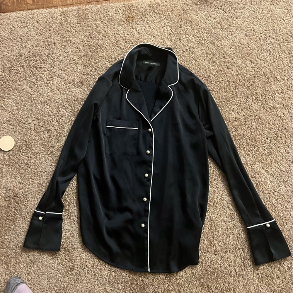 Banana Republic navy satin button down with pearl accents
